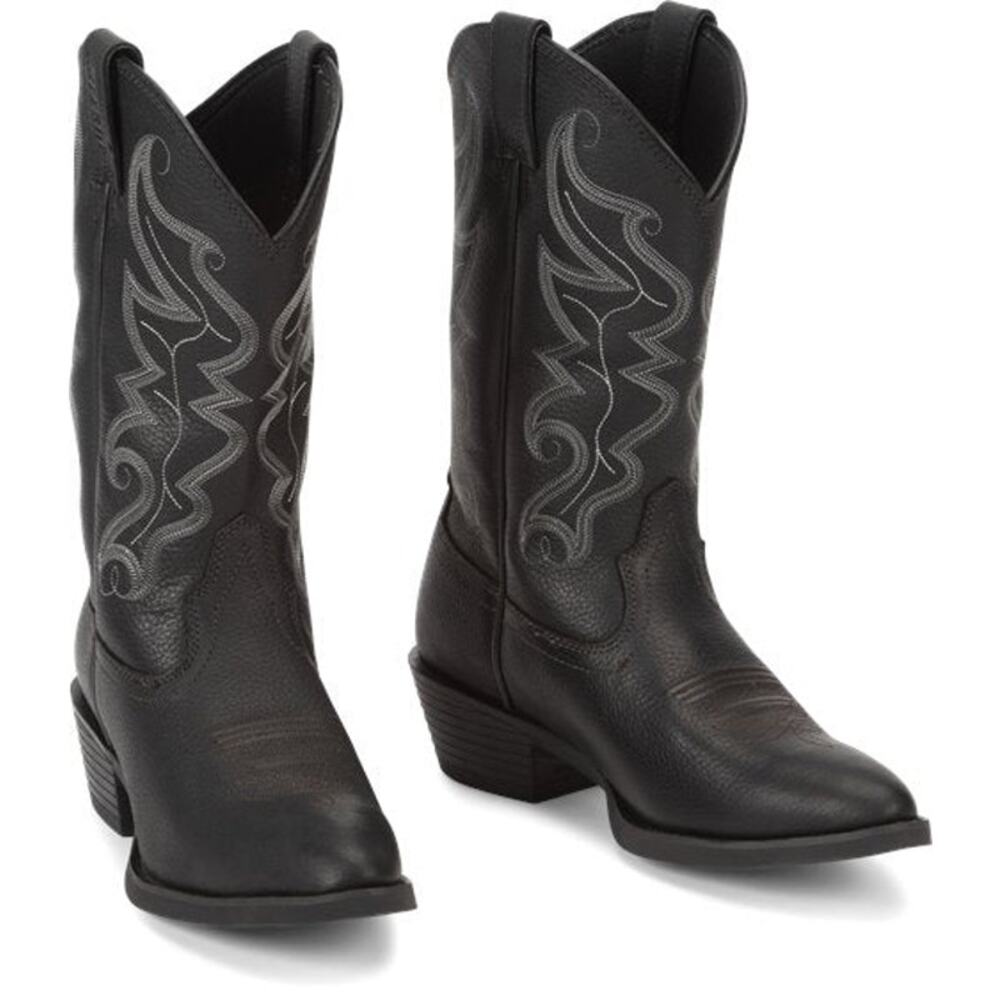 Justin Boots Western Buck Pull-On Cowboy Boots Round Toe Black Leather Mens 9.5